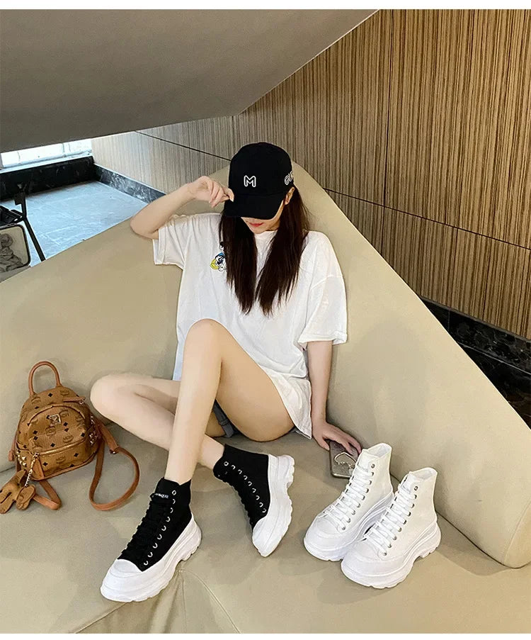 Genuine New Platform Sneakers For Women Autumn High Top Canvas White Shoes Casual Thick Bottom Vulcanized Shoes