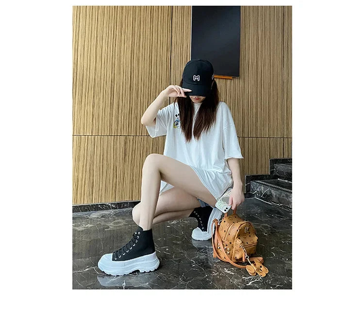 Genuine New Platform Sneakers For Women Autumn High Top Canvas White Shoes Casual Thick Bottom Vulcanized Shoes
