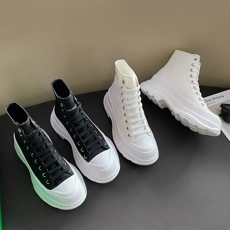 Genuine New Platform Sneakers For Women Autumn High Top Canvas White Shoes Casual Thick Bottom Vulcanized Shoes
