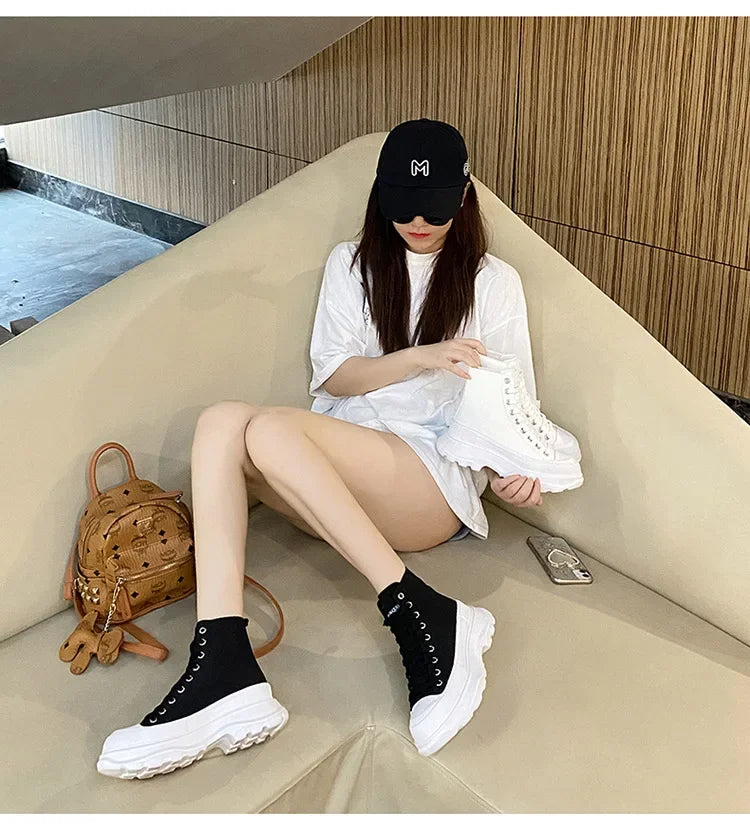 Genuine New Platform Sneakers For Women Autumn High Top Canvas White Shoes Casual Thick Bottom Vulcanized Shoes