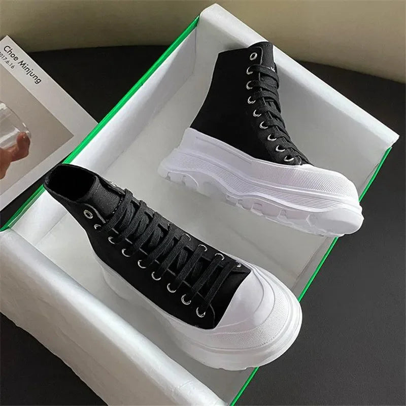 Genuine New Platform Sneakers For Women Autumn High Top Canvas White Shoes Casual Thick Bottom Vulcanized Shoes