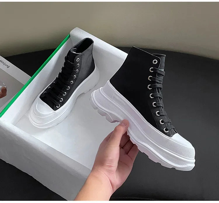 Genuine New Platform Sneakers For Women Autumn High Top Canvas White Shoes Casual Thick Bottom Vulcanized Shoes