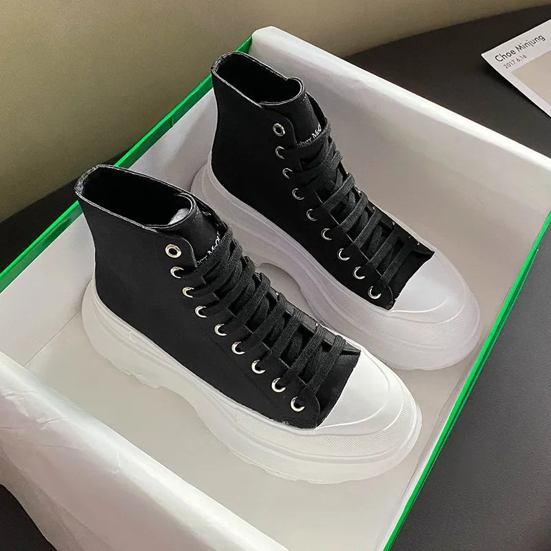 Genuine New Platform Sneakers For Women Autumn High Top Canvas White Shoes Casual Thick Bottom Vulcanized Shoes