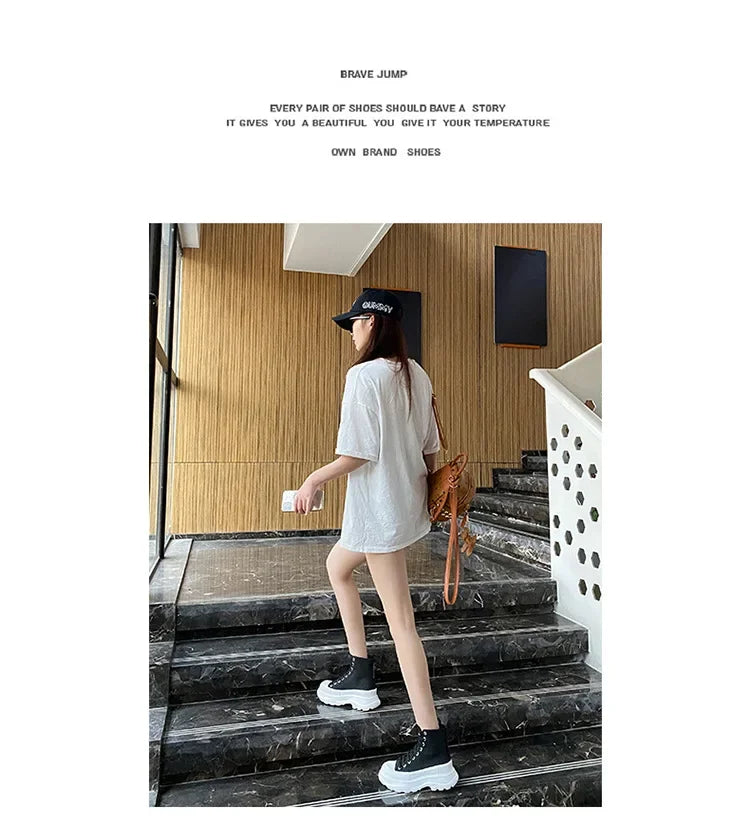 Genuine New Platform Sneakers For Women Autumn High Top Canvas White Shoes Casual Thick Bottom Vulcanized Shoes