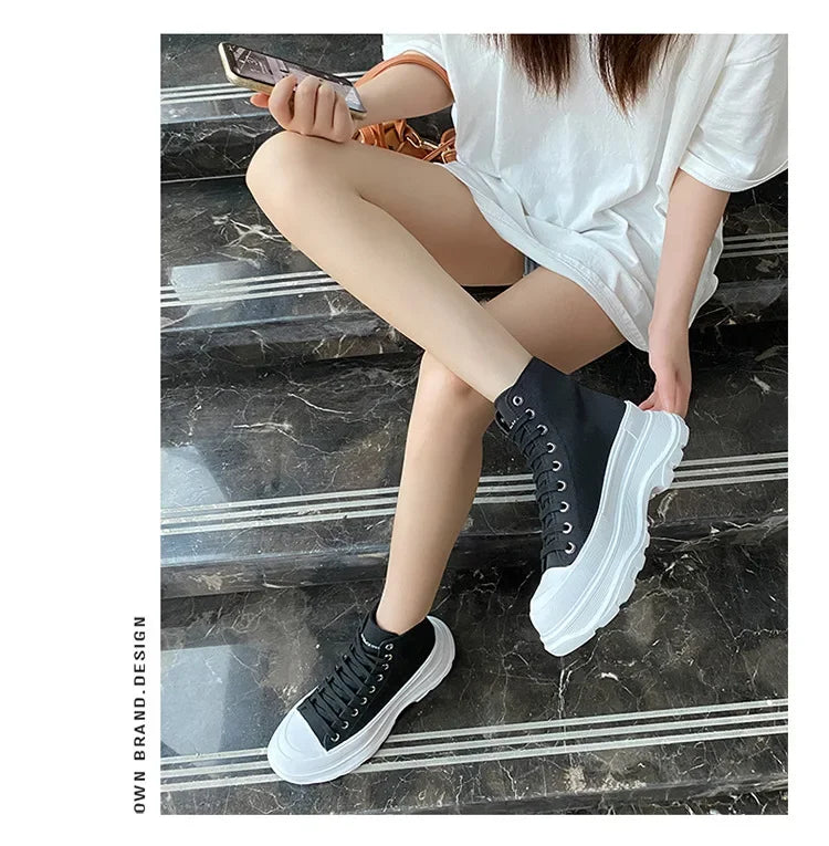 Genuine New Platform Sneakers For Women Autumn High Top Canvas White Shoes Casual Thick Bottom Vulcanized Shoes