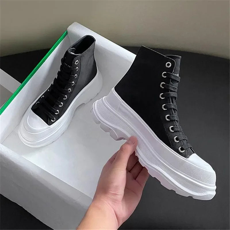 Genuine New Platform Sneakers For Women Autumn High Top Canvas White Shoes Casual Thick Bottom Vulcanized Shoes