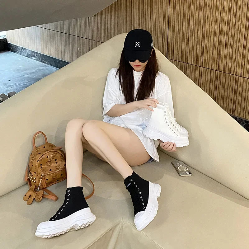 Genuine New Platform Sneakers For Women Autumn High Top Canvas White Shoes Casual Thick Bottom Vulcanized Shoes