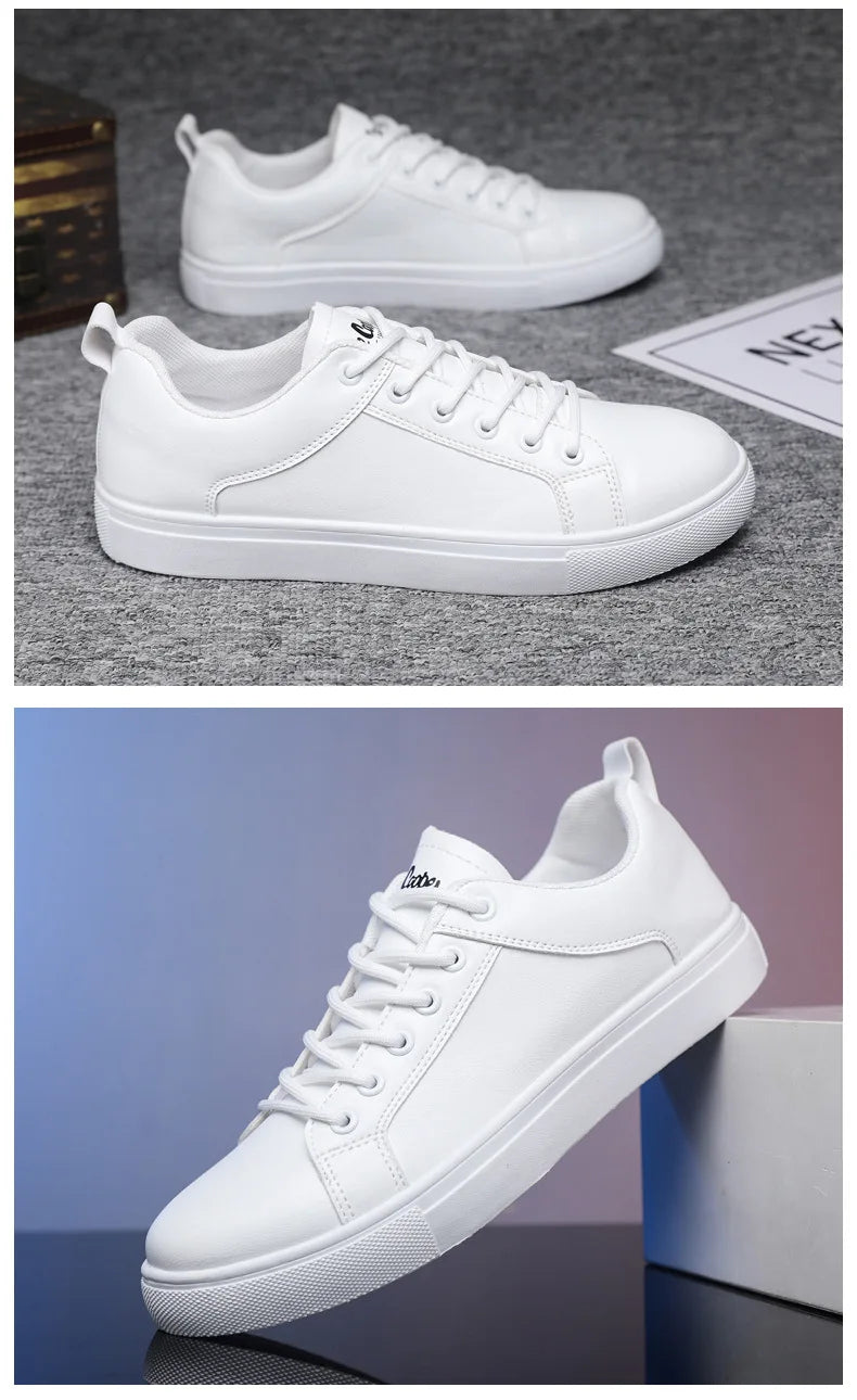 Concise Solid White Leather Sneakers Boys Casual Sport Shoes For Men Trendy Skateboard Shoes Platform Sneakers Plus Size 47 48