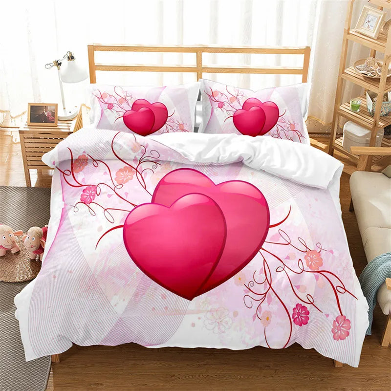 3D Love Heart Duvet Cover Microfiber Luxury Romantic Theme Bedding Set King Queen For Couple Valentine's Day Gifts Bedroom Decor