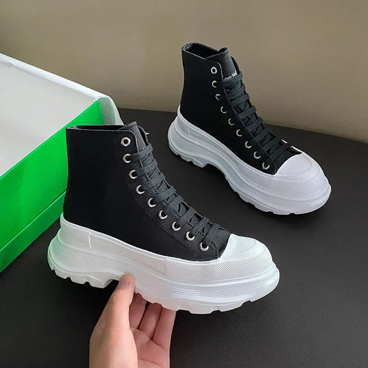 Genuine New Platform Sneakers For Women Autumn High Top Canvas White Shoes Casual Thick Bottom Vulcanized Shoes